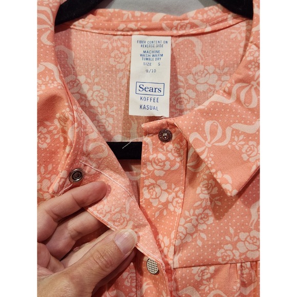 Vtg Sears Koffee Snap Housecoat Floral Ribbons Peach 9/10 Pocket Short Sleeved - Picture 3 of 8